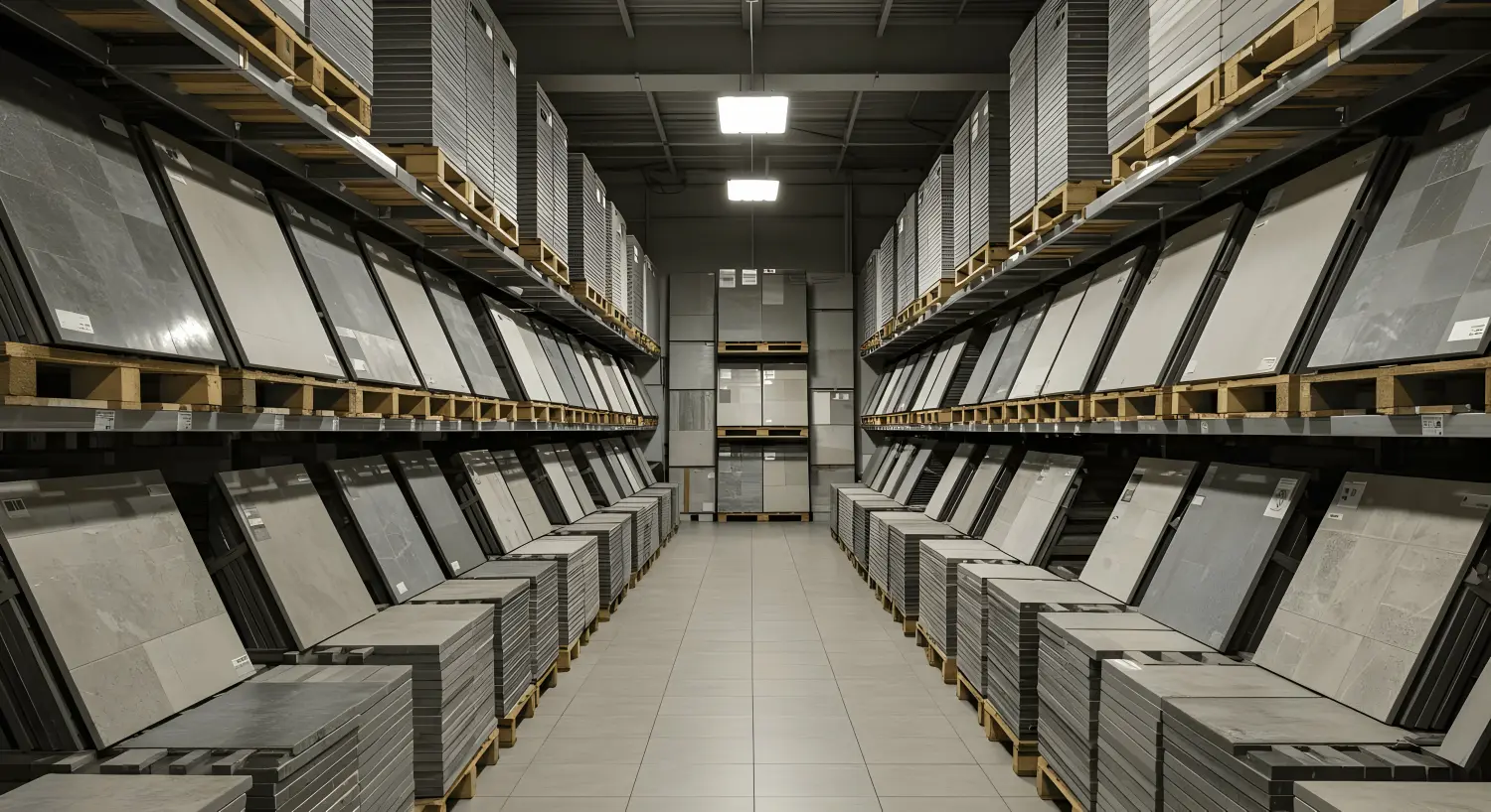 Sascha Stivic - Großes Lager mit einer Vielzahl von keramischen Boden- und Wandfliesen in Kartons und auf Paletten, bereit für den Verkauf und Vertrieb